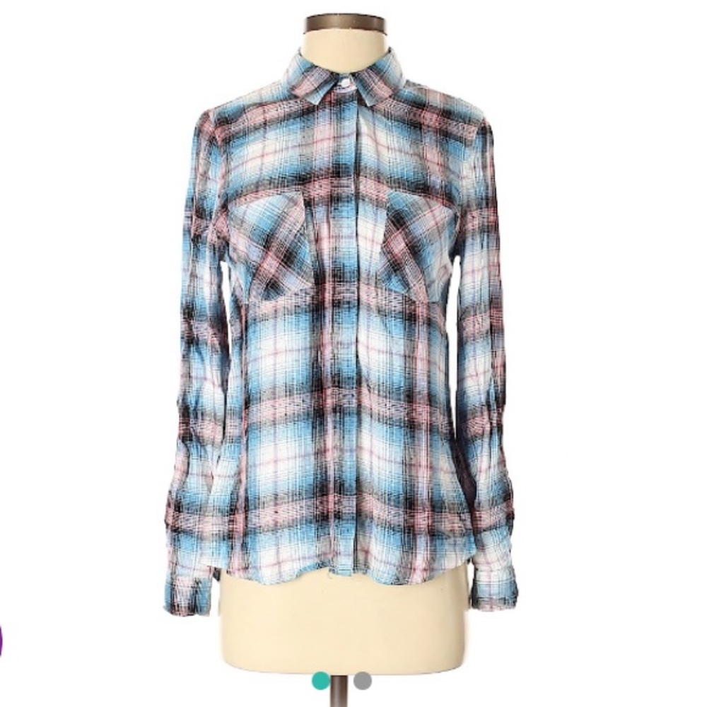 Pink Rose-S,rayon, plaid, button down-never worn!